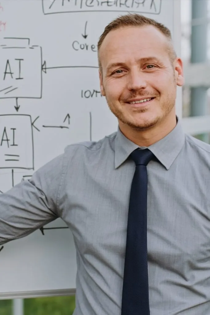 Michael Feike vor einem Whiteboard mit einer Skizze