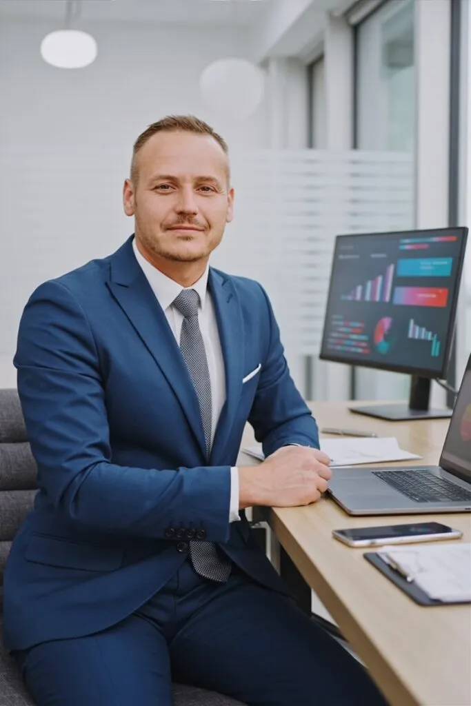 Michael Feike am Schreibtisch, neben ihm ein Monitor mit Diagrammen