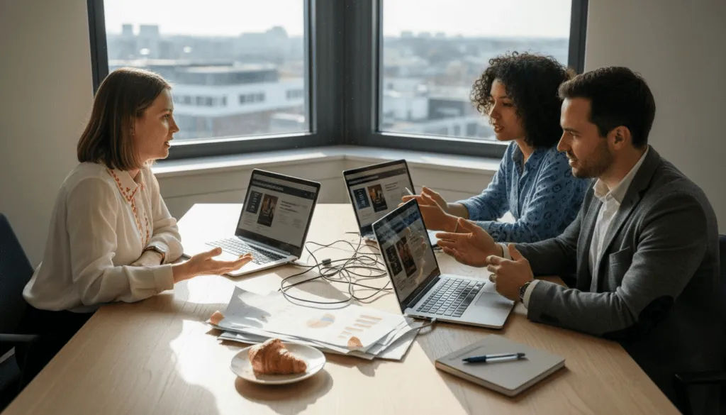 Drei Personen sitzen mit Laptops und Unterlagen am Besprechungstisch und planen ihre Marketing-Maßnahmen.