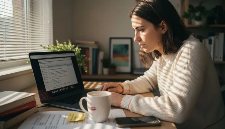 Eine Frau sitzt am Laptop und plant ihre nächsten Online-Marketing-Maßnahmen.