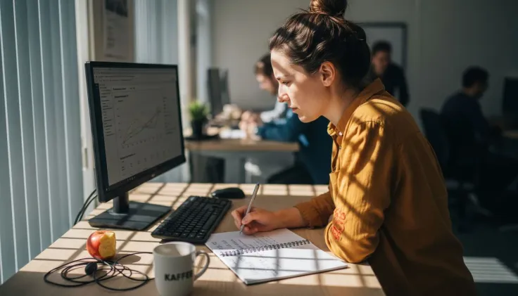 Eine Frau steht am Schreibtisch, schaut auf die Auswertung ihrer Website und macht sich Notizen.
