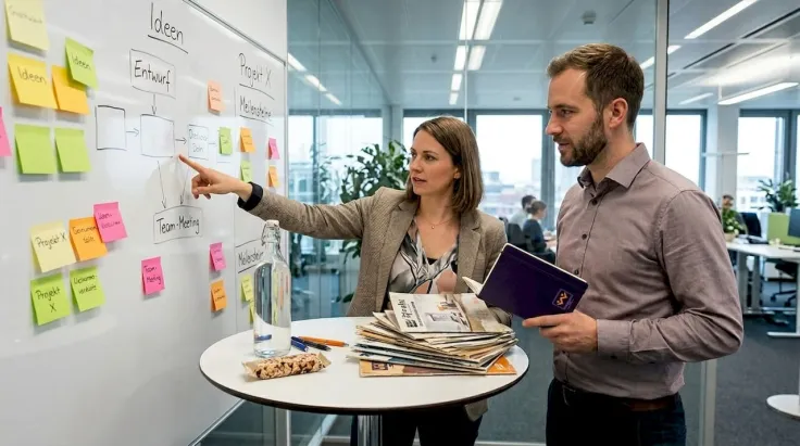 Ein Team zeichnet die Berührungspunkte mit Kunden auf einem Whiteboard auf.