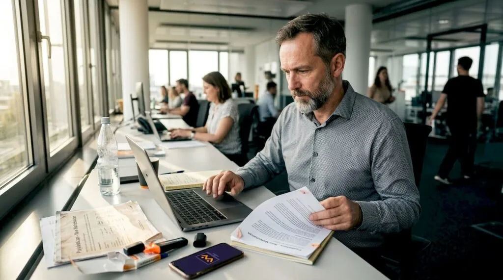 Ein Unternehmer arbeitet im Büro an der Suchmaschinenoptimierung seiner Website.