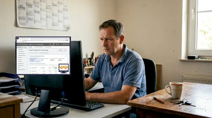 Ein Handwerksunternehmer schaut sich die Auswertung seiner Online-Anzeigen an.