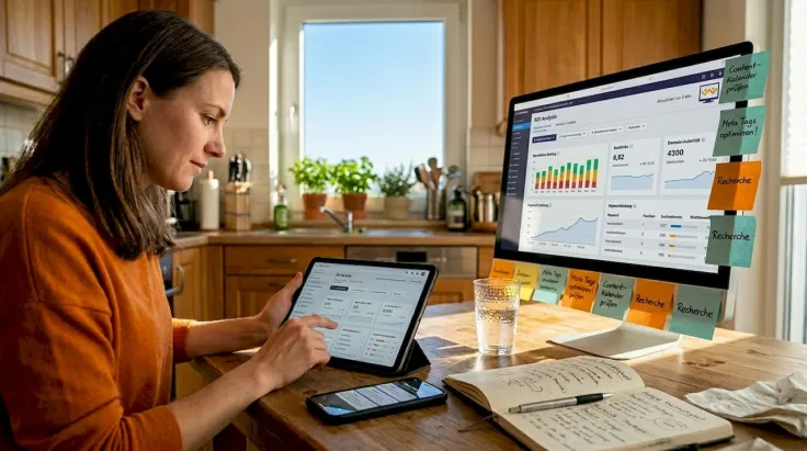 Eine Frau analysiert von zu Hause aus die SEO-Daten ihrer Website.