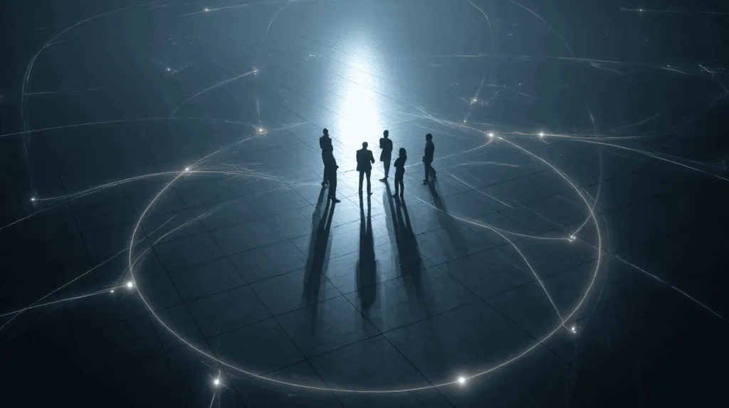 Fünf Menschen stehen als Silhouetten in einem Kreis aus Lichtlinien auf einem dunklen Boden.