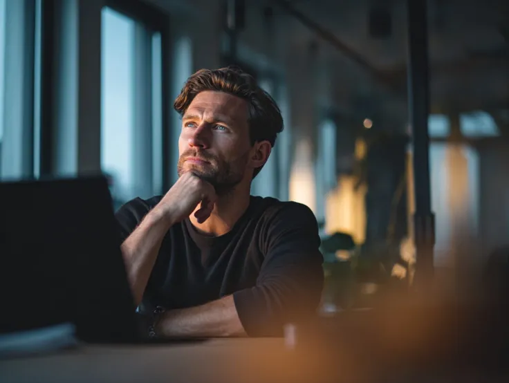 Ein Mann sitzt nachdenklich vor seinem Laptop in einem abendlichen Büro