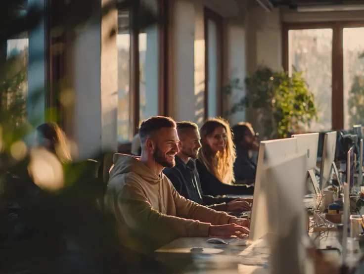 Mehrere Leute arbeiten lächelnd an Computern in einem hellen Büro