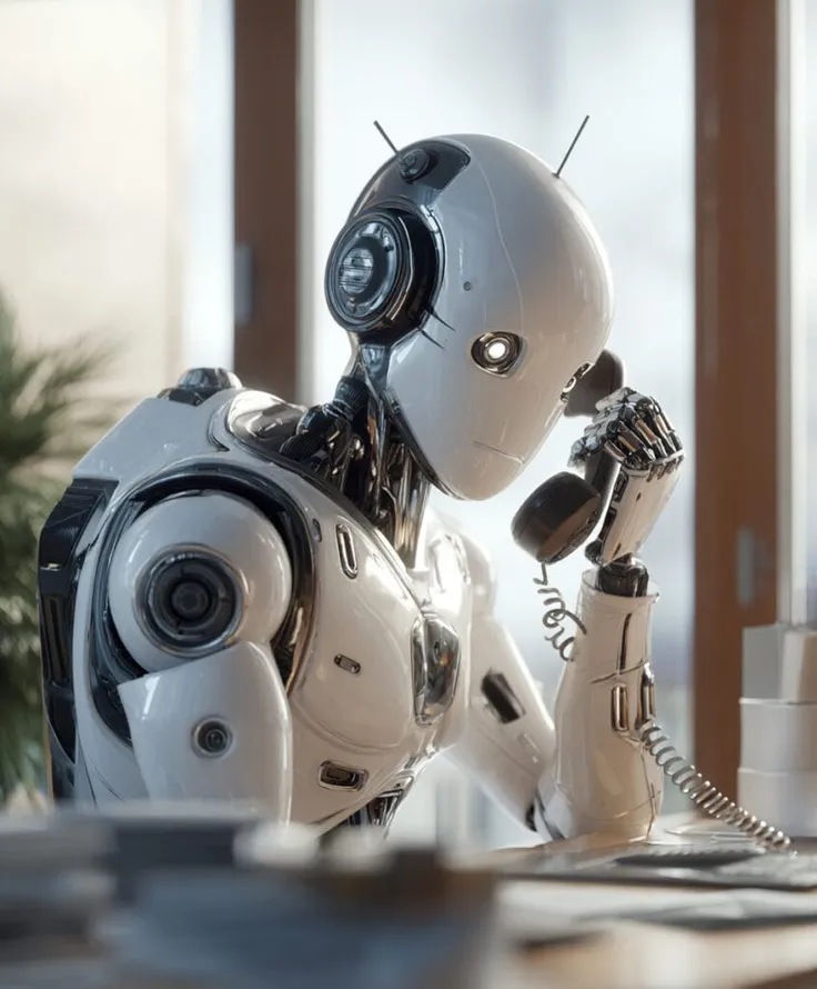 Ein Roboter sitzt am Schreibtisch und telefoniert mit einem Hörer