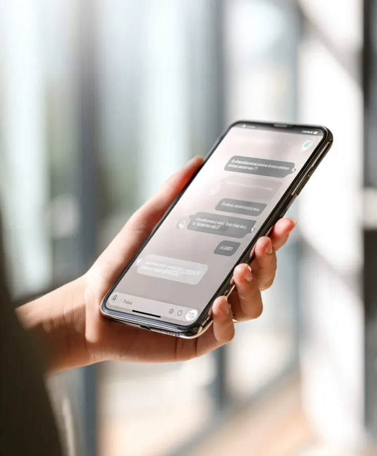 Eine Hand hält ein Smartphone mit einem Chatverlauf
