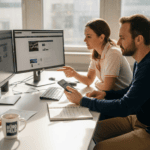 In einem hellen Eckbüro arbeitet ein kreatives Team gemeinsam an einem neuen Webdesign.