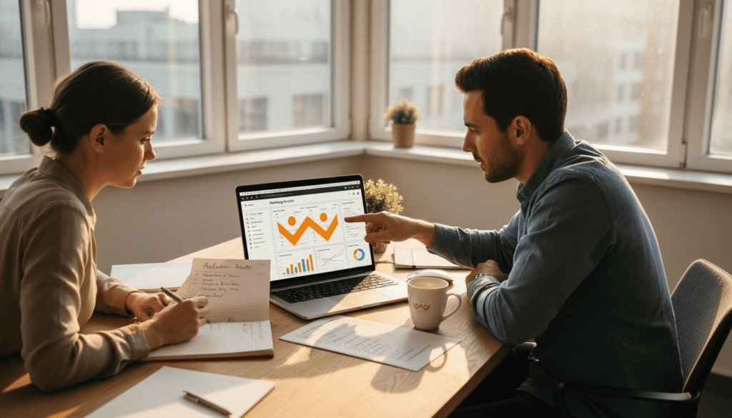 Ein Team tauscht sich am Besprechungstisch über Strategien im Online-Marketing aus.