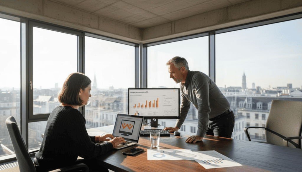 Das Marketing-Team analysiert die Ergebnisse der aktuellen KI-Kampagne.