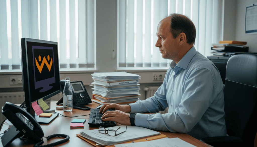 Ein Manager sitzt am Schreibtisch und arbeitet konzentriert an seinen Unterlagen.