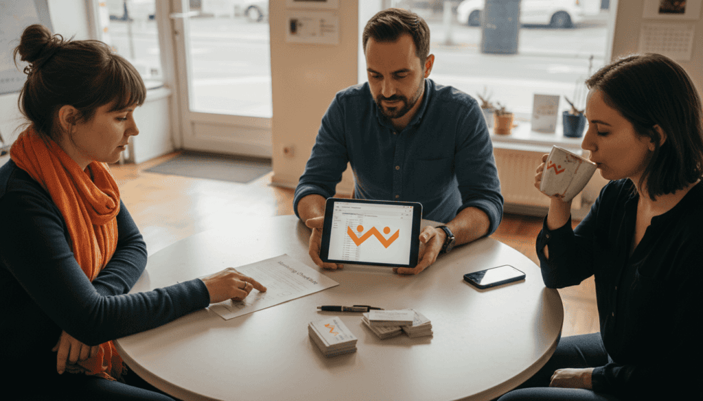 Das Team eines kleinen Unternehmens geht gemeinsam die Marketing-Checkliste durch.