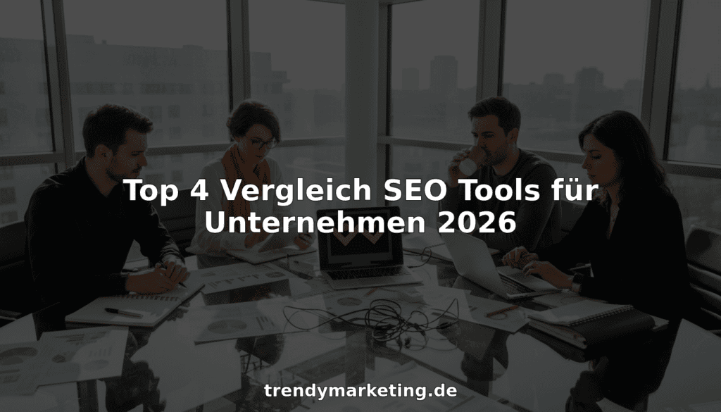 Ein Team diskutiert im Büro verschiedene SEO-Tools und vergleicht gemeinsam deren Funktionen am Konferenztisch.