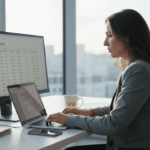 Eine Mitarbeiterin analysiert im Büro die aktuellen SEO-Daten am Dashboard.