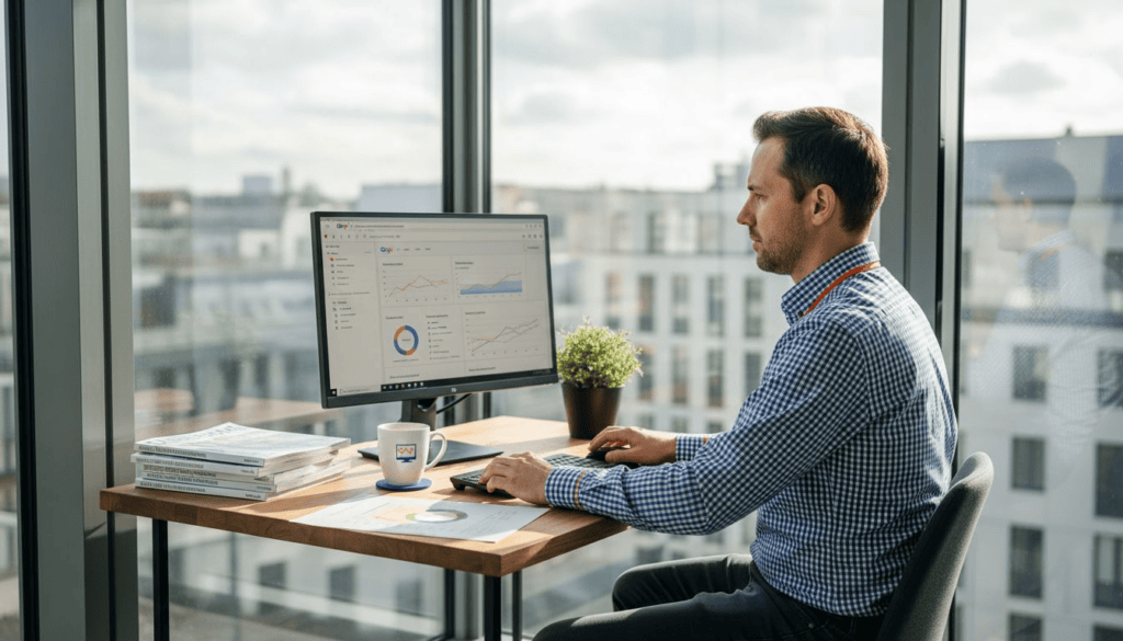 Ein Unternehmer analysiert im Büro die aktuellen SEO-Ergebnisse.