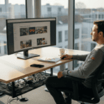 Ein Manager überprüft am Schreibtisch den Ablauf für KI-gestützte Inhalte.