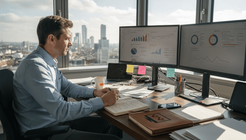 Ein Mann sitzt am Schreibtisch und analysiert die aktuellen Marketingzahlen.