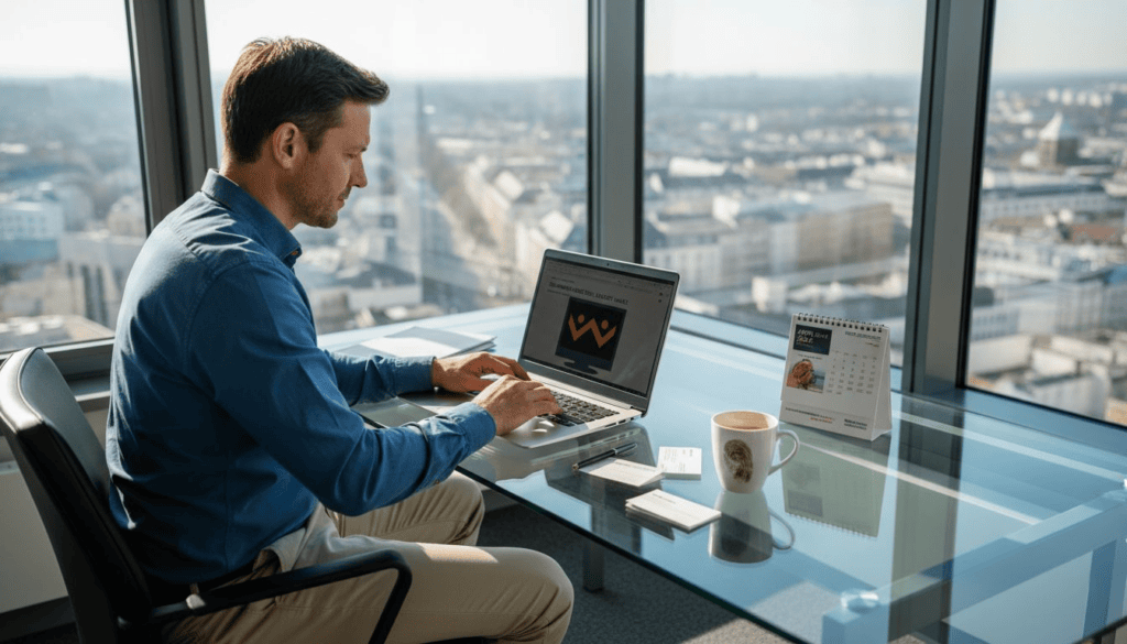 Unternehmer arbeitet am Schreibtisch und steuert seine Online-Marketing-Aktivitäten.