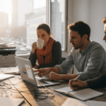 In einem modernen Büro in der Innenstadt analysiert das Team eines kleinen Unternehmens gemeinsam die neuesten KI-Daten.