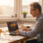 Ein Geschäftsführer eines mittelständischen Unternehmens sitzt konzentriert im Büro und arbeitet am Laptop.