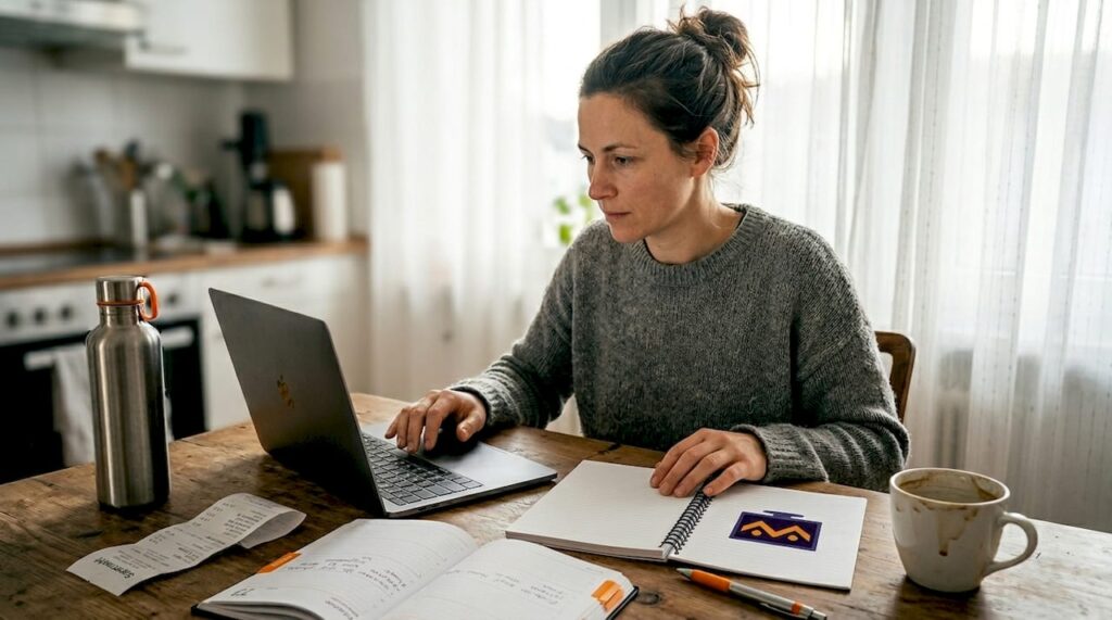 Eine selbstständige Unternehmerin arbeitet konzentriert an ihrem Laptop am Küchentisch.