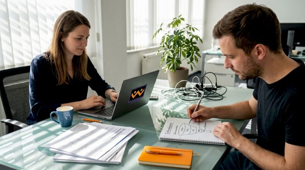 Mitarbeiter tauschen sich am Schreibtisch über die aktuellen Website-Analysen aus.