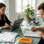 Mitarbeiter tauschen sich am Schreibtisch über die aktuellen Website-Analysen aus.