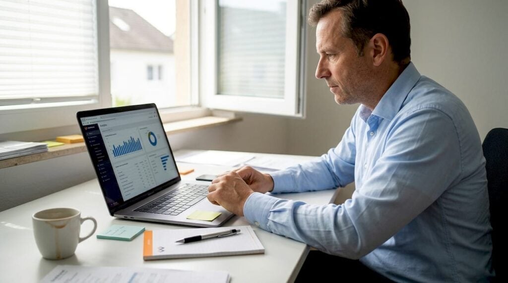 Ein Unternehmer analysiert am Schreibtisch die aktuellen SEO-Zahlen und verschafft sich einen Überblick über die Online-Performance seines Unternehmens.