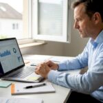 Ein Unternehmer analysiert am Schreibtisch die aktuellen SEO-Zahlen und verschafft sich einen Überblick über die Online-Performance seines Unternehmens.