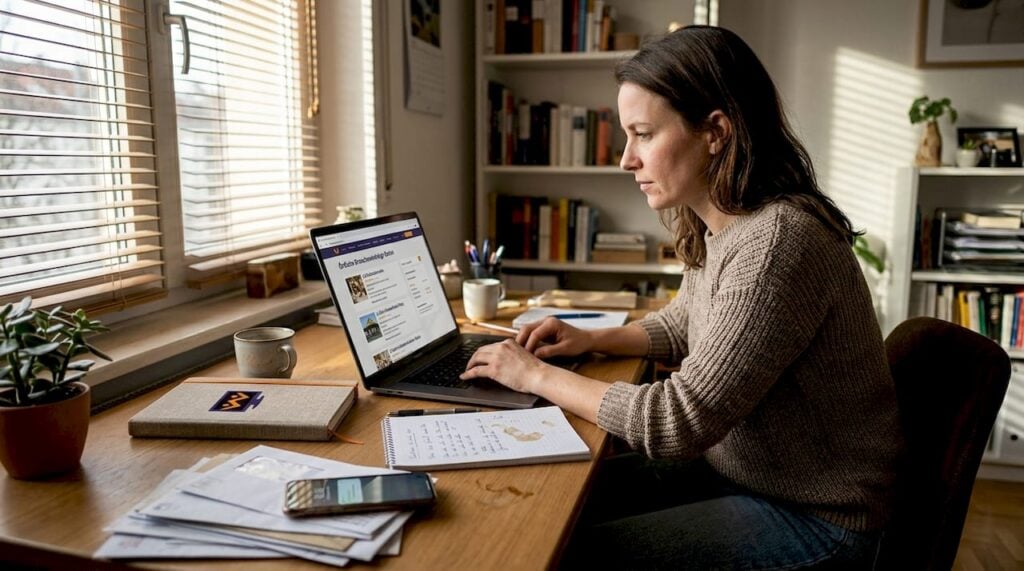 Eine Person informiert sich online über ein Firmenprofil.