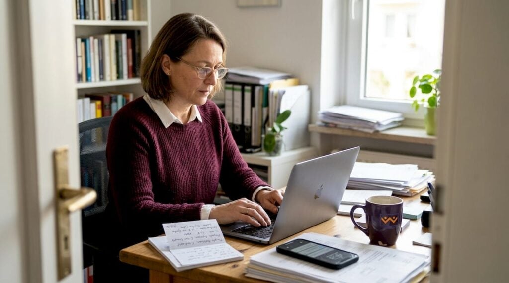 Selbstständiger Unternehmer, der seine digitale Marke vom eigenen Schreibtisch aus steuert.