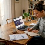 Ein Webdesigner sitzt am Esstisch und prüft aufmerksam eine Website.