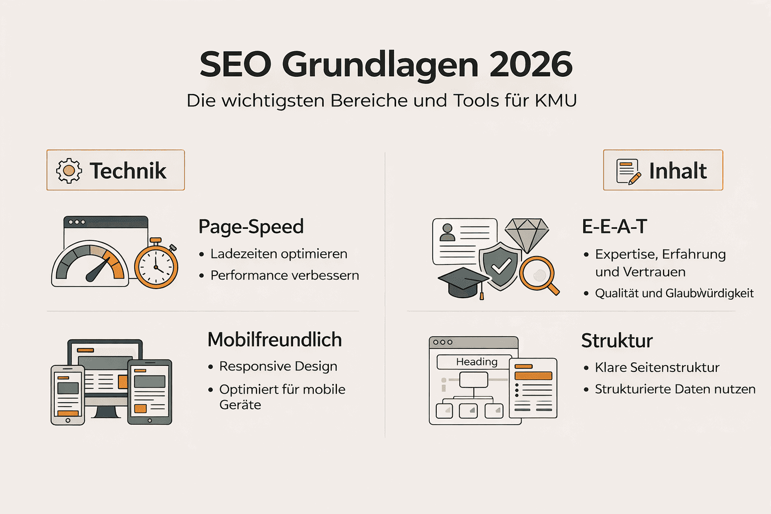 Infografik mit SEO Grundlagen und Hauptfeldern