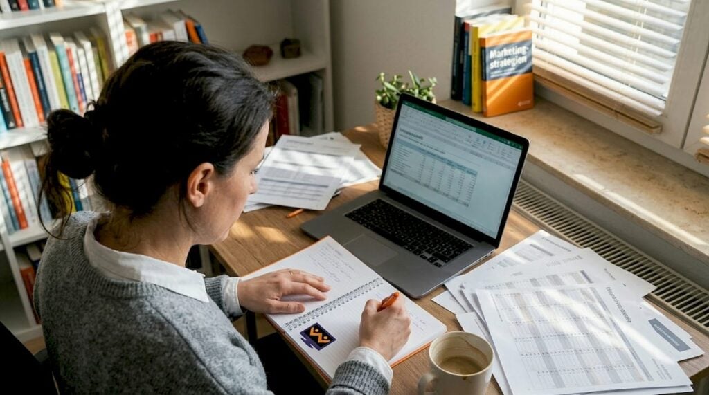 Eine Frau sitzt an ihrem Schreibtisch zu Hause und arbeitet an ihrem Redaktionsplan.