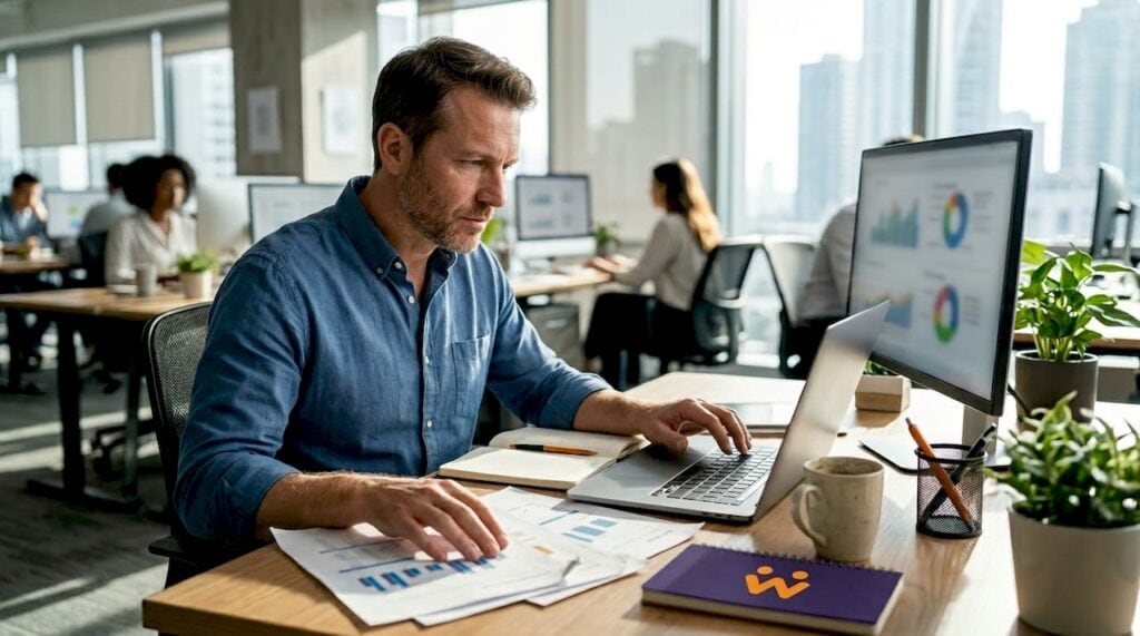 Ein Manager entwickelt im Büro eine digitale Strategie.