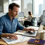 Ein Manager entwickelt im Büro eine digitale Strategie.