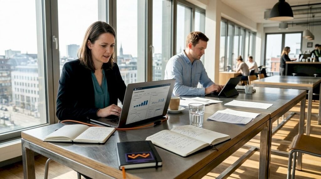 Das Team wirft gemeinsam einen Blick auf die LinkedIn-Statistiken am Besprechungstisch.
