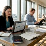 Das Team wirft gemeinsam einen Blick auf die LinkedIn-Statistiken am Besprechungstisch.