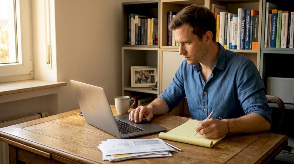 Ein Unternehmer arbeitet mit seinem Laptop am Wohnzimmertisch und bringt seine Ideen direkt von zu Hause aus voran.