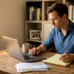 Ein Unternehmer arbeitet mit seinem Laptop am Wohnzimmertisch und bringt seine Ideen direkt von zu Hause aus voran.