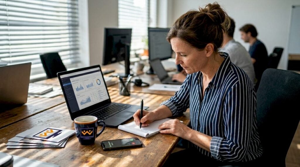 Eine Geschäftsfrau sitzt an ihrem Schreibtisch und analysiert die aktuellen Marketingzahlen.