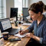 Eine Geschäftsfrau sitzt an ihrem Schreibtisch und analysiert die aktuellen Marketingzahlen.