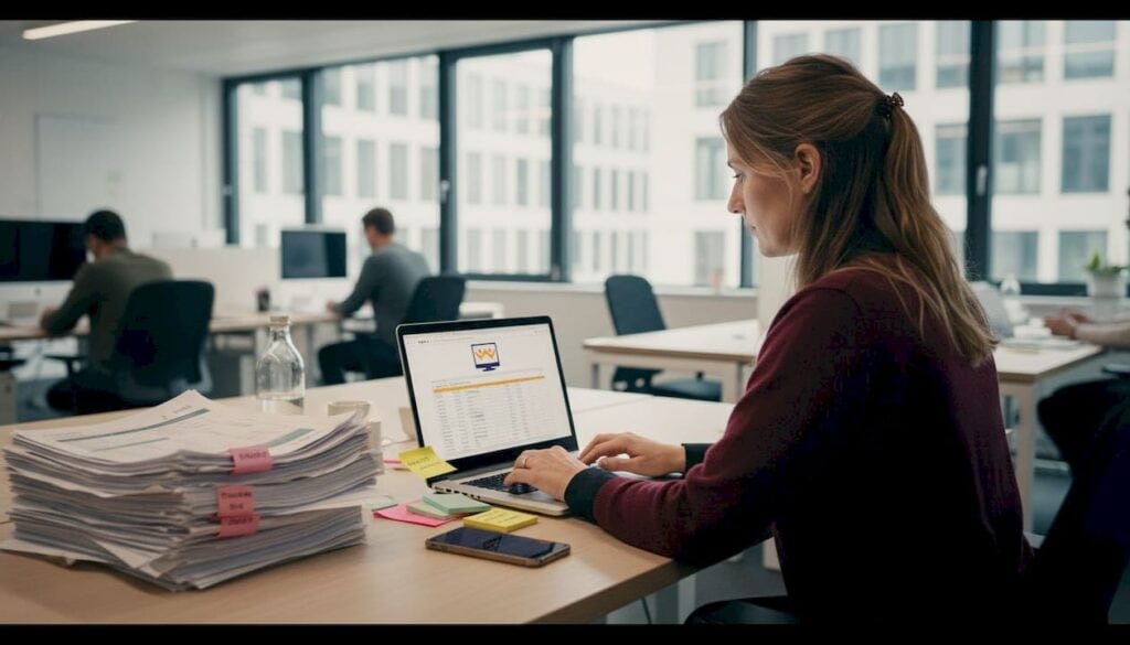 Eine Frau arbeitet konzentriert am Schreibtisch und steuert digitale Arbeitsabläufe.