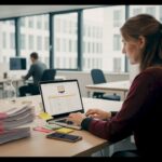 Eine Frau arbeitet konzentriert am Schreibtisch und steuert digitale Arbeitsabläufe.