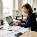 Eine Mitarbeiterin beschäftigt sich im Büro mit der Entwicklung von KI-Prozessen.