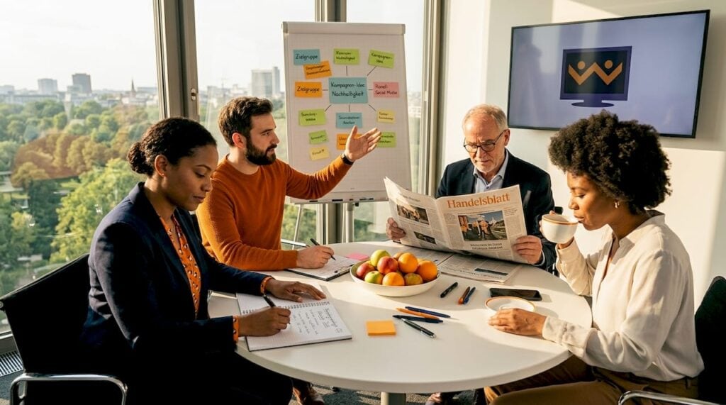 Das Marketing-Team sammelt in einer Besprechung kreative Ideen für neue Storys.