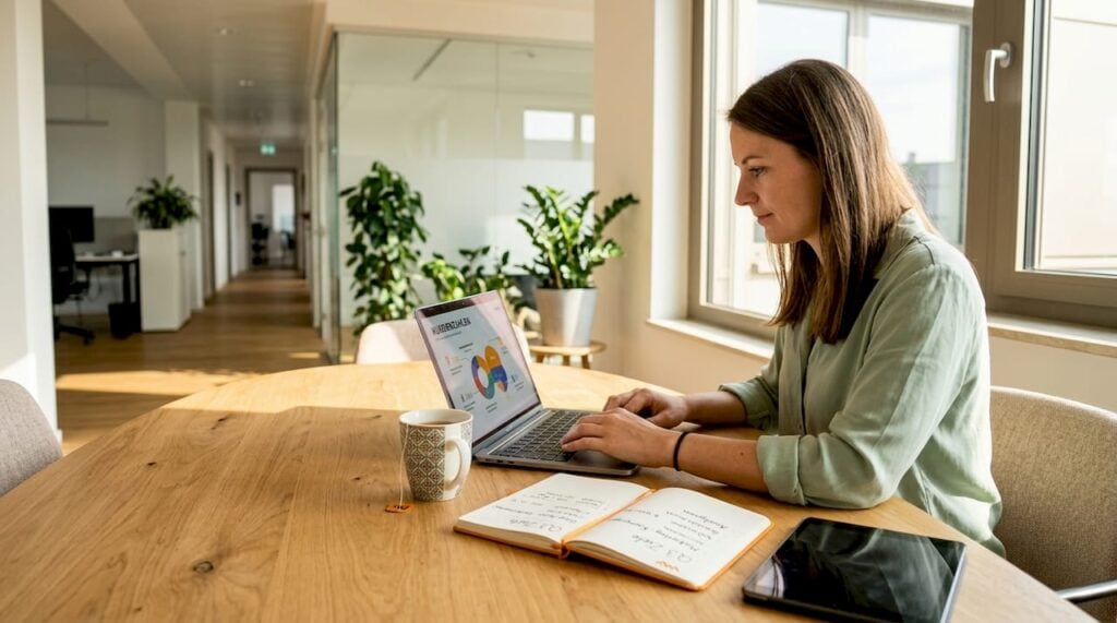 Im Büro wertet die Marketingmanagerin aktuelle Daten aus, um Trends und Entwicklungen zu erkennen.